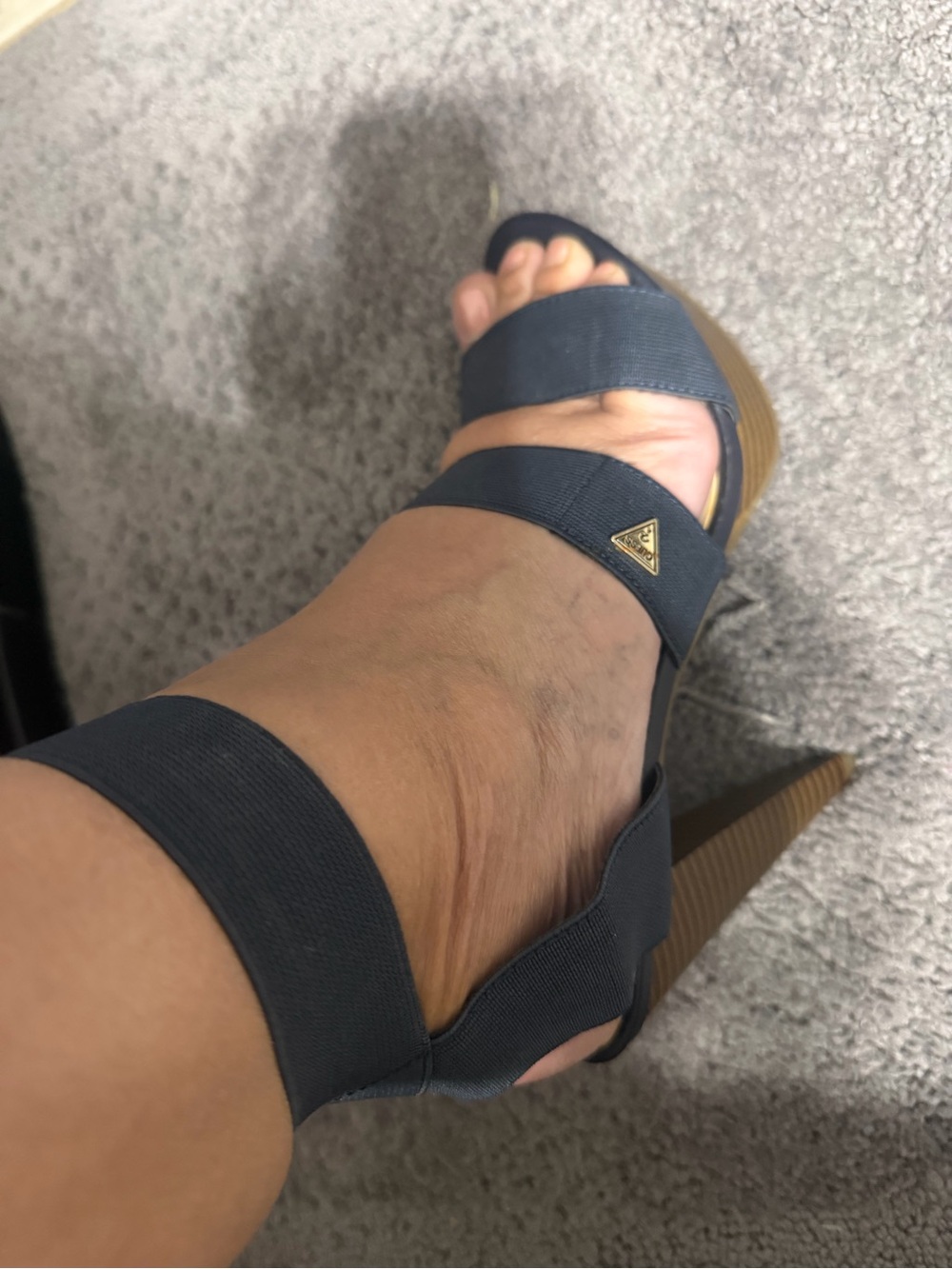 G by Guess Navy Elastic Strap Wedge Sandal with Gold Logo